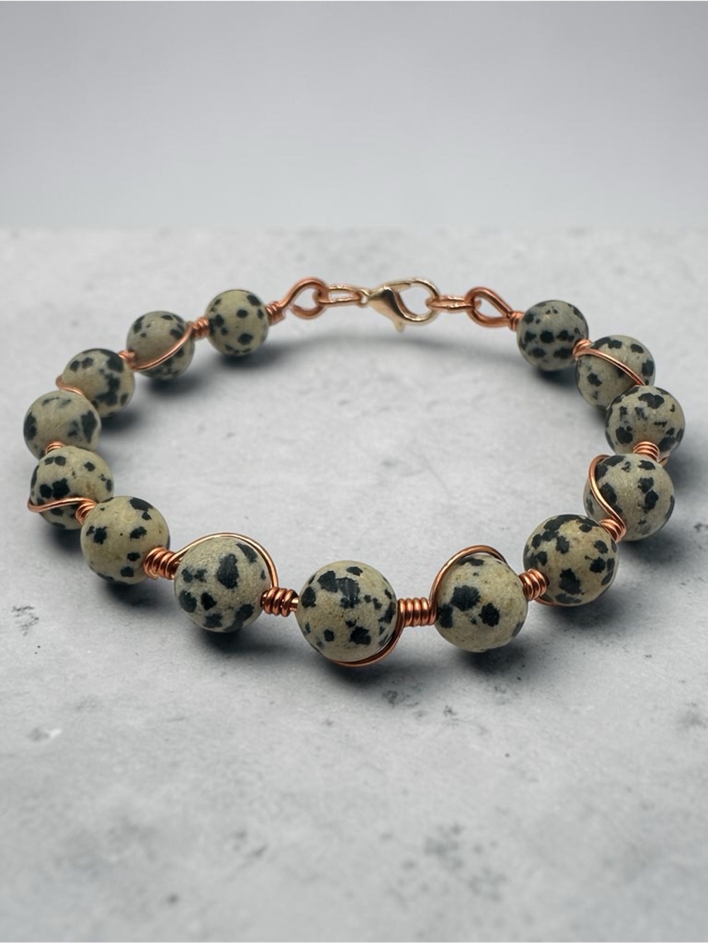 Dalmatian Jasper Beaded Bracelet with Copper Wire Wrap Handmade Jewelry
